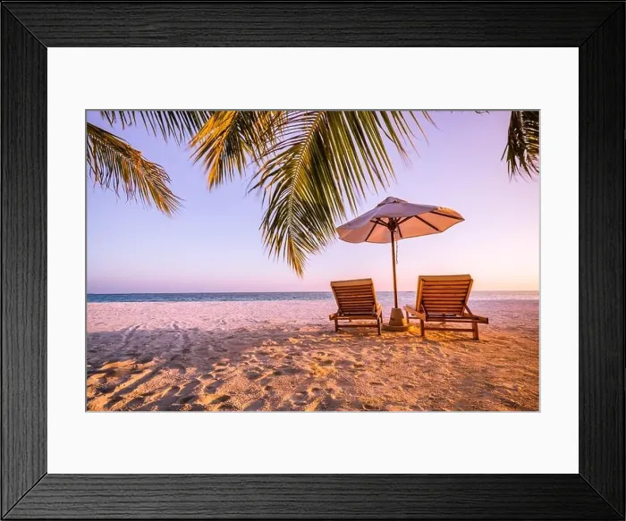 Framed Print : Beautiful tranquil beach. Chairs on the sandy beach near the sea. Summer holiday and vacation concept for tourism. Inspirational tropical landscape Framed Print : Beautiful tranquil beach. Chairs on the sandy beach near the sea. Summer holiday and vacation concept for tourism. Inspirational tropical landscape