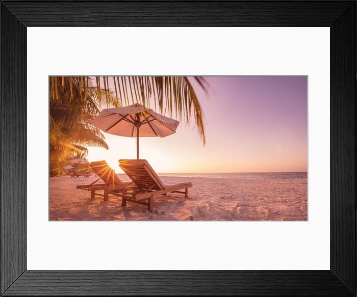 Framed Print : Beautiful tranquil beach. Chairs on the sandy beach near the sea. Summer holiday and vacation concept for tourism. Inspirational tropical landscape Framed Print : Beautiful tranquil beach. Chairs on the sandy beach near the sea. Summer holiday and vacation concept for tourism. Inspirational tropical landscape