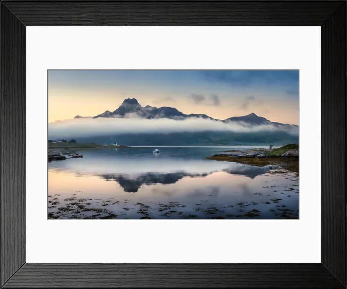 Framed Print : Scenic landscape with mountain reflection and low clouds at summer night in Lofoten, Norway Framed Print : Scenic landscape with mountain reflection and low clouds at summer night in Lofoten, Norway