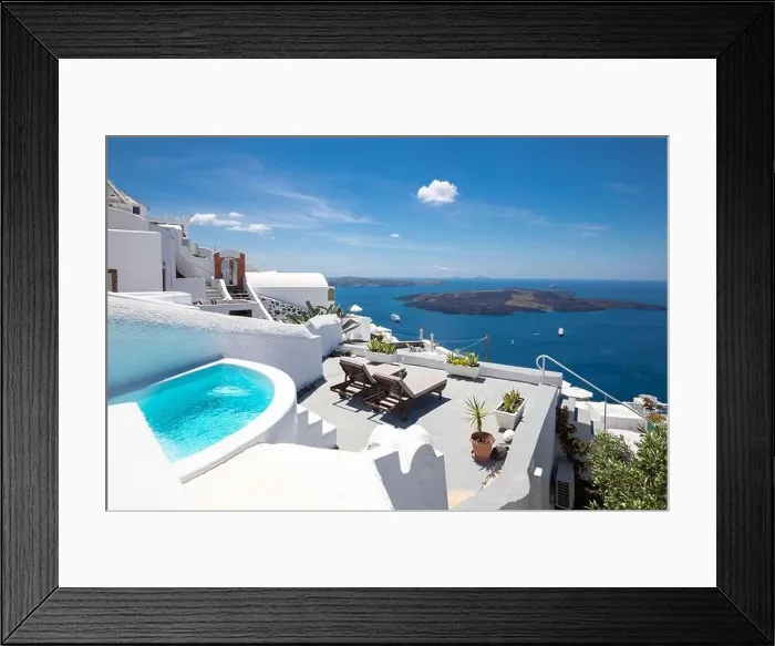 Framed Print : Swimming poolside, infinity pool relaxation view out over the sea caldera of Santorini Greece. Luxury travel, summer holiday vacation, peaceful resort Framed Print : Swimming poolside, infinity pool relaxation view out over the sea caldera of Santorini Greece. Luxury travel, summer holiday vacation, peaceful resort