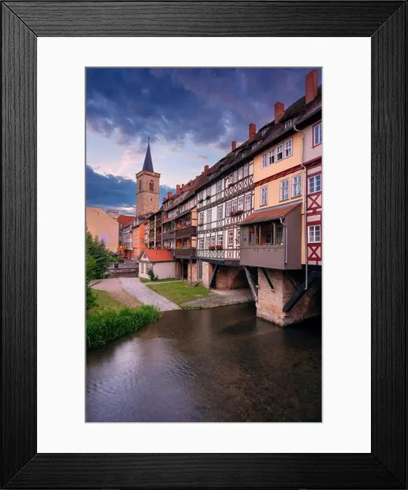 Framed Print : Erfurt, Germany. Cityscape image of downtown Erfurt, Germany with the Merchant's Bridge at summer sunrise Framed Print : Erfurt, Germany. Cityscape image of downtown Erfurt, Germany with the Merchant's Bridge at summer sunrise