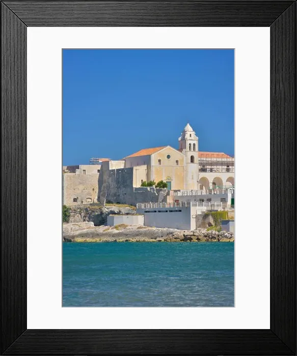 Framed Print : View at the houses from the coast of Vieste on a sunny day, Puglia region, Italy Framed Print : View at the houses from the coast of Vieste on a sunny day, Puglia region, Italy