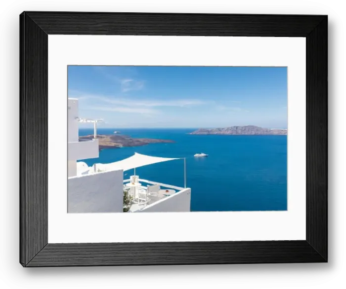 Framed Print : Amazing panoramic landscape, luxury travel vacation Santorini island Framed Print : Amazing panoramic landscape, luxury travel vacation Santorini island