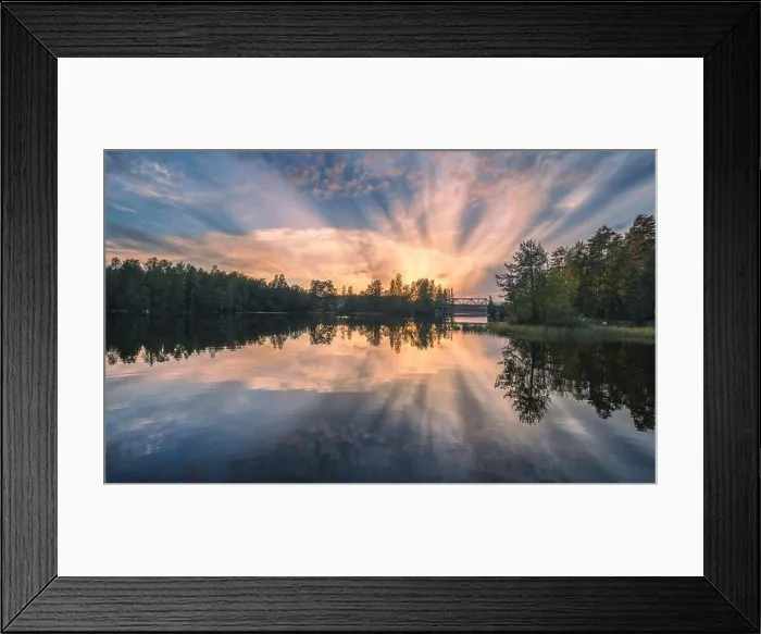 Framed Print : Beautiful sunset in tranquil lake at summer evening in Finland Framed Print : Beautiful sunset in tranquil lake at summer evening in Finland