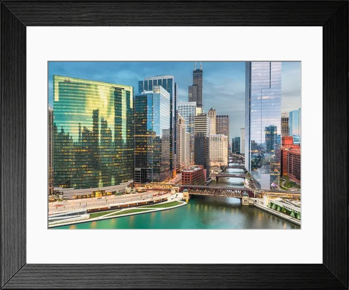 Framed Print : Chicago, Illinois USA skyline over the river at twilight Framed Print : Chicago, Illinois USA skyline over the river at twilight