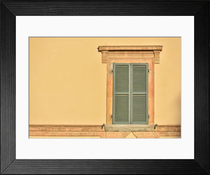 Framed Print : Closed green windows on yellow wall of old house in Florence city, Italy
