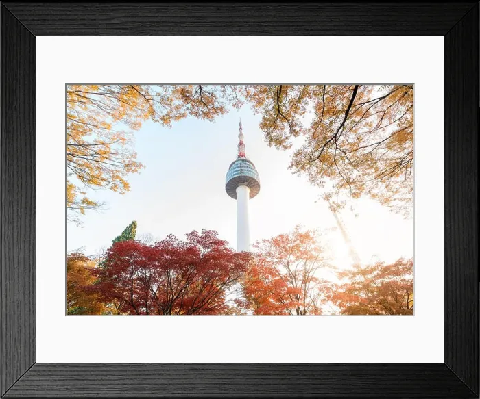 Framed Print : Seoul Tower with yellow and red autumn maple leaves at Namsan mountain in South Korea Framed Print : Seoul Tower with yellow and red autumn maple leaves at Namsan mountain in South Korea