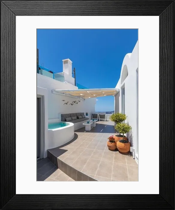 Framed Print : Amazing panoramic landscape, luxury travel vacation Santorini island Framed Print : Amazing panoramic landscape, luxury travel vacation Santorini island