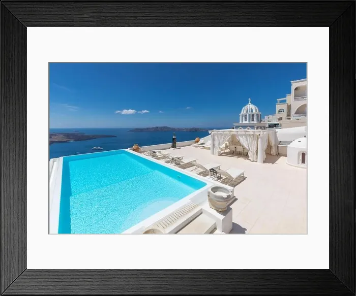 Framed Print : Swimming poolside, infinity pool relaxation view out over the sea caldera of Santorini Greece. Luxury travel, summer holiday vacation, peaceful resort Framed Print : Swimming poolside, infinity pool relaxation view out over the sea caldera of Santorini Greece. Luxury travel, summer holiday vacation, peaceful resort