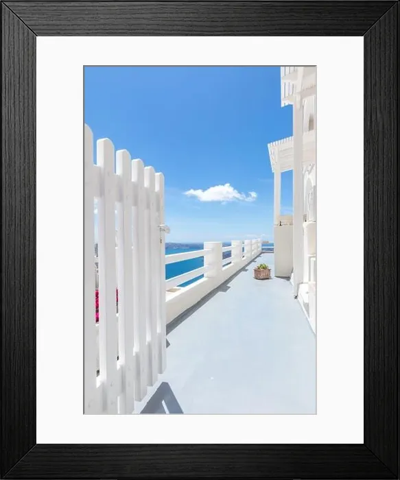 Framed Print : White wash staircases on Santorini Island Greece. Door entrance over blue sea view under blue sky. Amazing summer travel landscape. Exotic destination Framed Print : White wash staircases on Santorini Island Greece. Door entrance over blue sea view under blue sky. Amazing summer travel landscape. Exotic destination