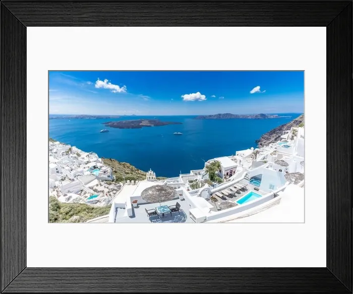 Framed Print : Summer vacation panorama, luxury famous Europe destination. White architecture in Santorini, Greece. Perfect travel scenery with swimming pool sea Framed Print : Summer vacation panorama, luxury famous Europe destination. White architecture in Santorini, Greece. Perfect travel scenery with swimming pool sea