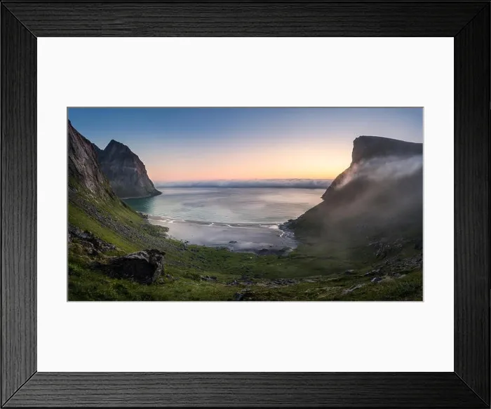 Framed Print : Scenic view from Kvalvika beach, Lofoten, Norway at summer night Framed Print : Scenic view from Kvalvika beach, Lofoten, Norway at summer night