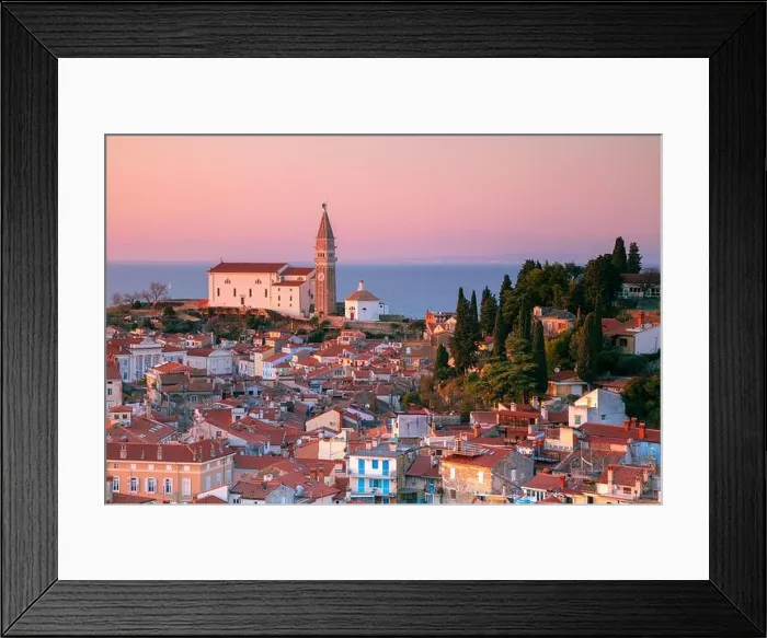 Framed Print : Piran, Slovenia. Aerial cityscape image of beautiful Piran, Slovenia at spring sunset