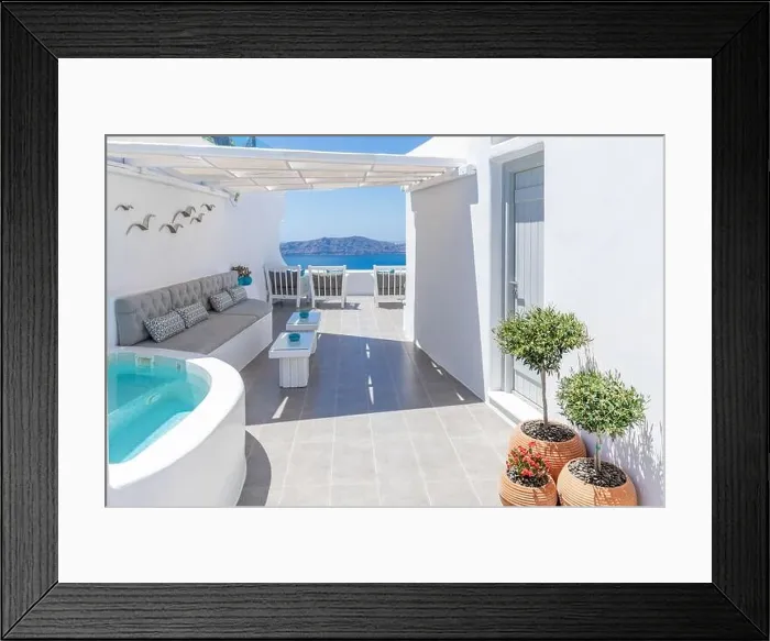 Framed Print : Chill zone beach bed chair with sea view out over the caldera by the swimming pool, Santorini Oia. Luxury summer travel holiday background Framed Print : Chill zone beach bed chair with sea view out over the caldera by the swimming pool, Santorini Oia. Luxury summer travel holiday background