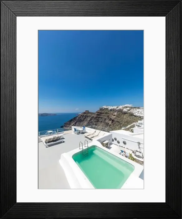 Framed Print : Scenic view of traditional cycladic resort with Jacuzzi in foreground, Oia village, Santorini, Greece. Luxury summer travel destination, vibes, mood Framed Print : Scenic view of traditional cycladic resort with Jacuzzi in foreground, Oia village, Santorini, Greece. Luxury summer travel destination, vibes, mood