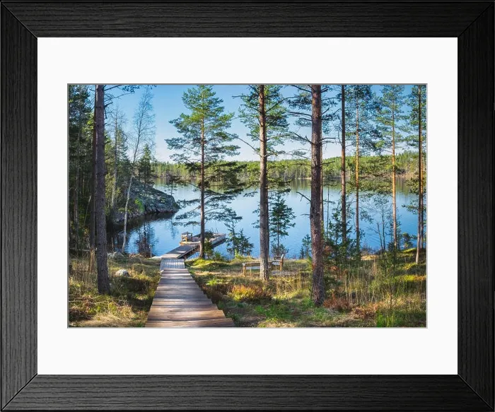 Framed Print : Idyllic forest landscape with pier and sunlight at warm summer day in Finland Framed Print : Idyllic forest landscape with pier and sunlight at warm summer day in Finland