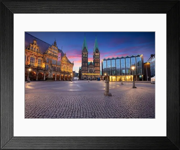 Framed Print : Bremen, Germany. Cityscape image of Hanseatic City of Bremen, Germany with historic Market Square, Bremen Cathedral and Town Hall at summer sunrise Framed Print : Bremen, Germany. Cityscape image of Hanseatic City of Bremen, Germany with historic Market Square, Bremen Cathedral and Town Hall at summer sunrise