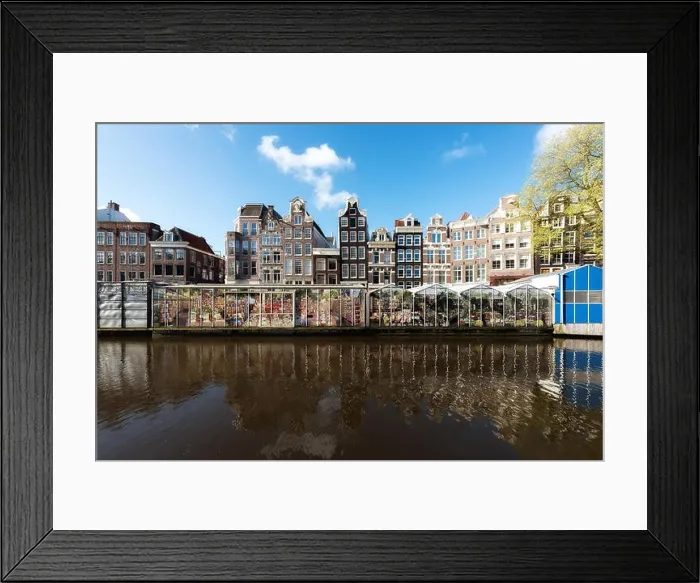 Framed Print : Amsterdam street traditional ancient dutch colorful buildings and flower market on Single canal in Amsterdam, Netherlands