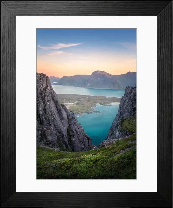 Framed Print : Scenic view from top of the mountain at summer night in Hoven, Lofoten, Norway Framed Print : Scenic view from top of the mountain at summer night in Hoven, Lofoten, Norway