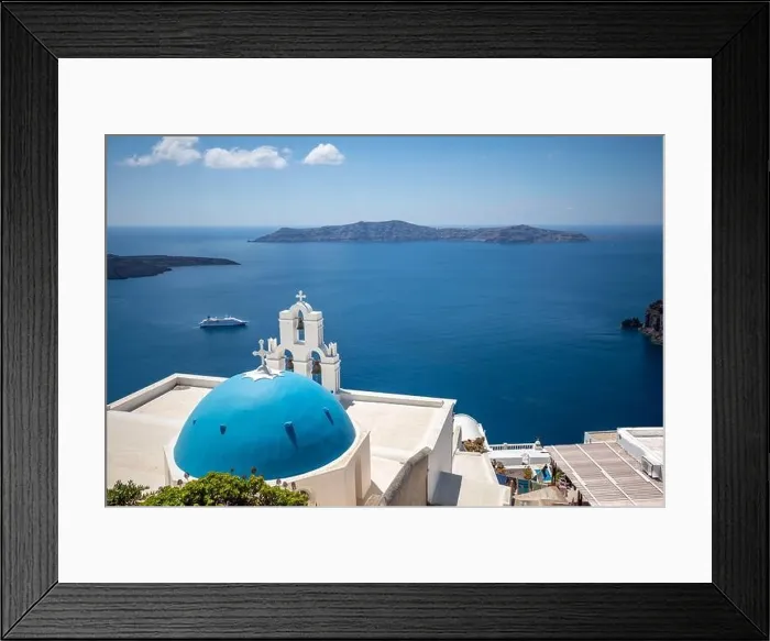Framed Print : Fira and blue dome, Santorini, Greece. Famous travel destination, blue sky with white architecture. Fira and the Caldera of Santorini, Santorini Framed Print : Fira and blue dome, Santorini, Greece. Famous travel destination, blue sky with white architecture. Fira and the Caldera of Santorini, Santorini