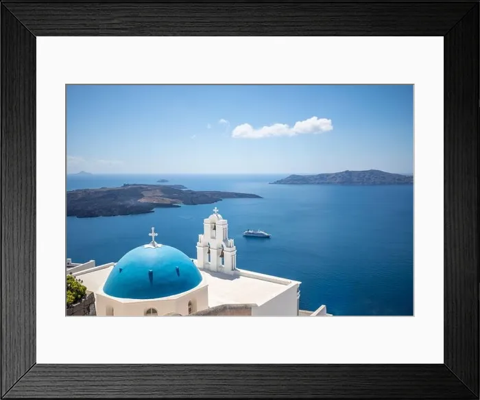 Framed Print : Fira and blue dome, Santorini, Greece. Famous travel destination, blue sky with white architecture. Fira and the Caldera of Santorini, Santorini Framed Print : Fira and blue dome, Santorini, Greece. Famous travel destination, blue sky with white architecture. Fira and the Caldera of Santorini, Santorini