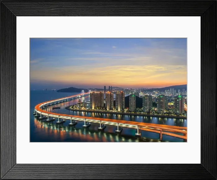 Framed Print : Busan city skyline view at Haeundae district, Gwangalli Beach with yacht pier at Busan, South Korea Framed Print : Busan city skyline view at Haeundae district, Gwangalli Beach with yacht pier at Busan, South Korea