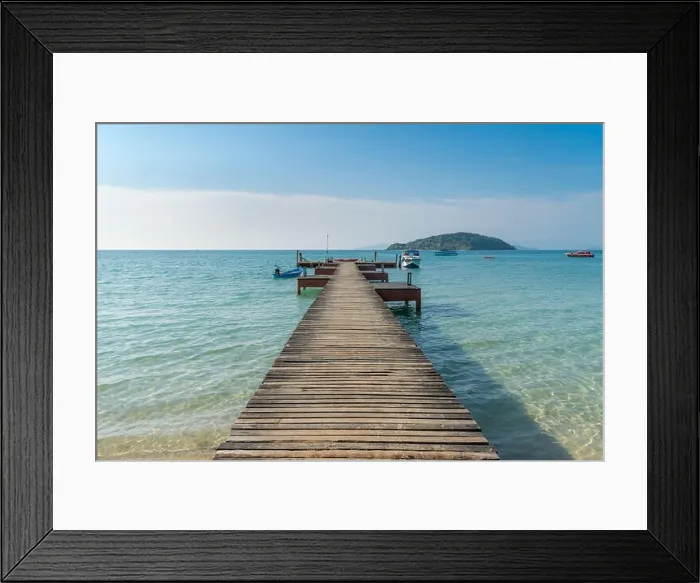 Framed Print : Wooden pier with boat in Phuket, Thailand. Summer, Travel, Vacation and Holiday concept