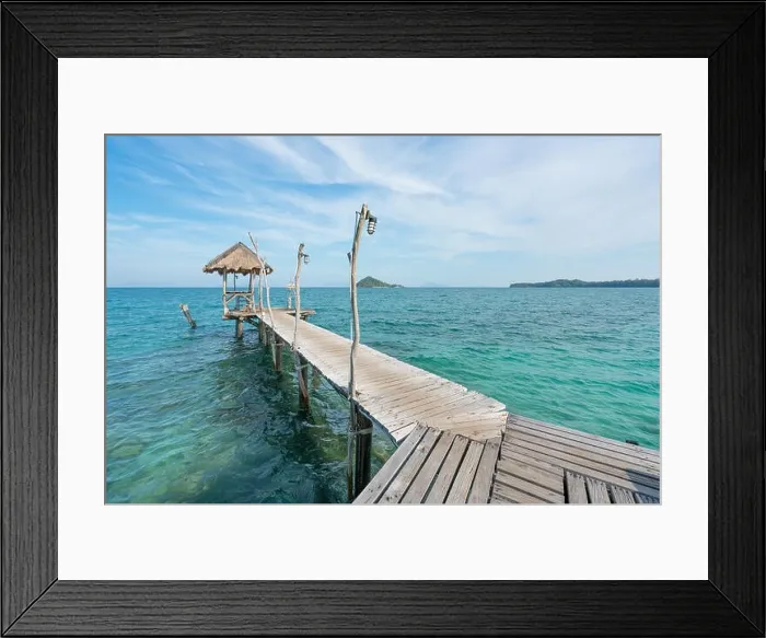 Framed Print : Wooden pier with boat in Phuket, Thailand. Summer, Travel, Vacation and Holiday concept Framed Print : Wooden pier with boat in Phuket, Thailand. Summer, Travel, Vacation and Holiday concept