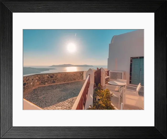 Framed Print : Amazing street view Santorini island. Greece traditional white and blue architecture, sea view and fantastic summer mood vibes. Luxury travel holiday