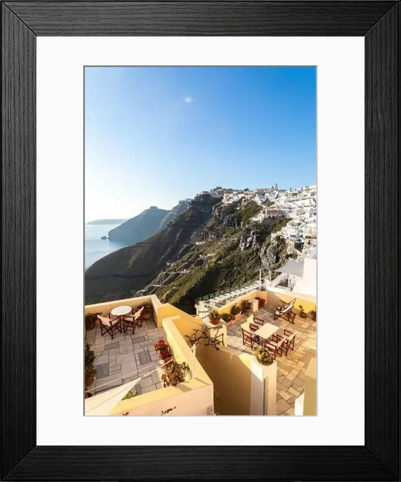 Framed Print : Amazing street view Santorini island. Greece traditional white and blue architecture, sea view and fantastic summer mood vibes. Luxury travel holiday