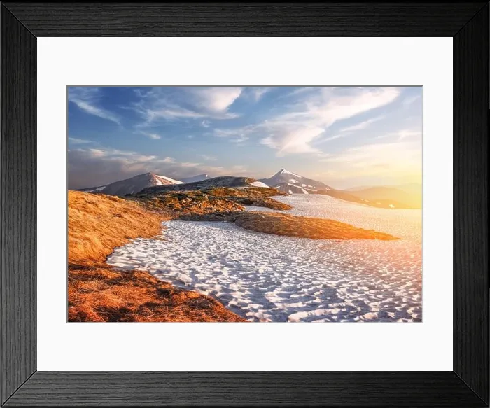 Framed Print : View of the grassy hills with orange tussocks and snowy mountains on background. Dramatic spring scene. Landscape photography Framed Print : View of the grassy hills with orange tussocks and snowy mountains on background. Dramatic spring scene. Landscape photography