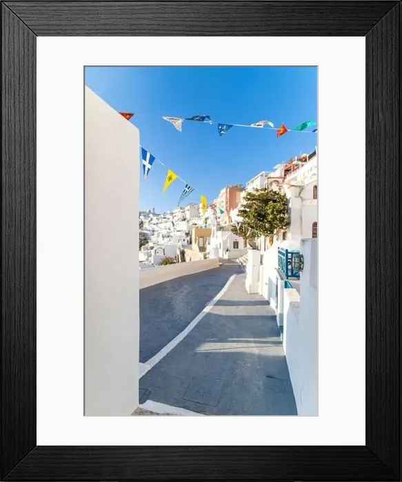 Framed Print : Amazing street view Santorini island. Greece traditional white and blue architecture, sea view and fantastic summer mood vibes. Luxury travel holiday