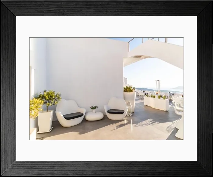 Framed Print : Amazing street view Santorini island. Greece traditional white and blue architecture, sea view and fantastic summer mood vibes. Luxury travel holiday