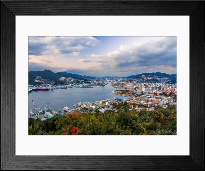 Framed Print : Nagasaki, Japan skyline over the bay in early fall season Framed Print : Nagasaki, Japan skyline over the bay in early fall season