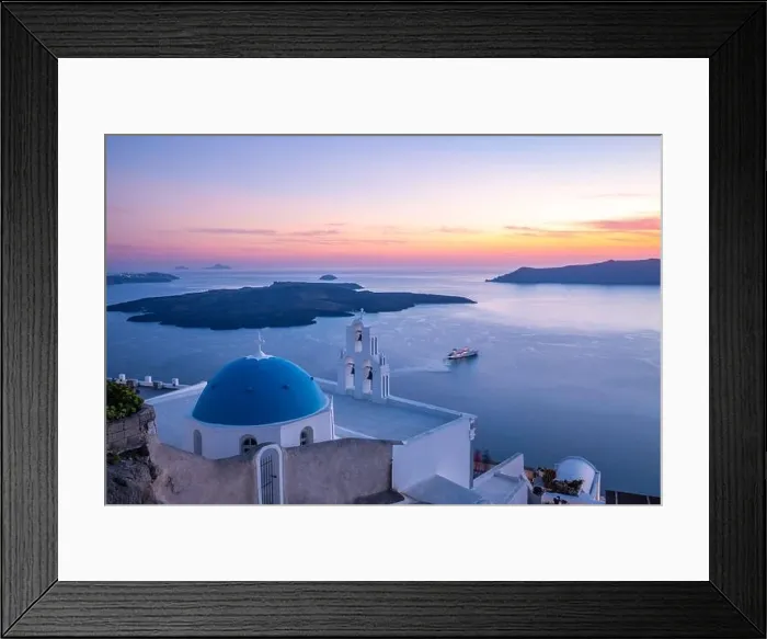 Framed Print : Church St. Spirou in Firostefani. Amazing evening view caldera, volcano of Santorini, Greece with cruise ships sunset sky. Famous travel destination Framed Print : Church St. Spirou in Firostefani. Amazing evening view caldera, volcano of Santorini, Greece with cruise ships sunset sky. Famous travel destination
