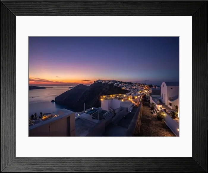 Framed Print : Sunset on the famous Greek resort Fira, Greece, Europe. Traveling concept background. Romantic Santorini island during sunset, amazing view, lights Framed Print : Sunset on the famous Greek resort Fira, Greece, Europe. Traveling concept background. Romantic Santorini island during sunset, amazing view, lights