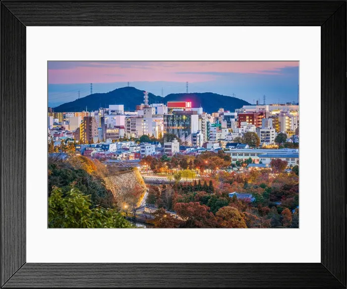 Framed Print : Himeji, Japan cityscape over the castle wall and moat Framed Print : Himeji, Japan cityscape over the castle wall and moat