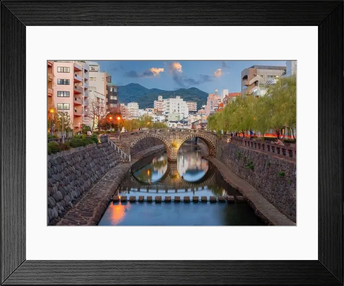 Framed Print : Megane Spectacles Bridge in Nagasaki, Japan at dusk Framed Print : Megane Spectacles Bridge in Nagasaki, Japan at dusk