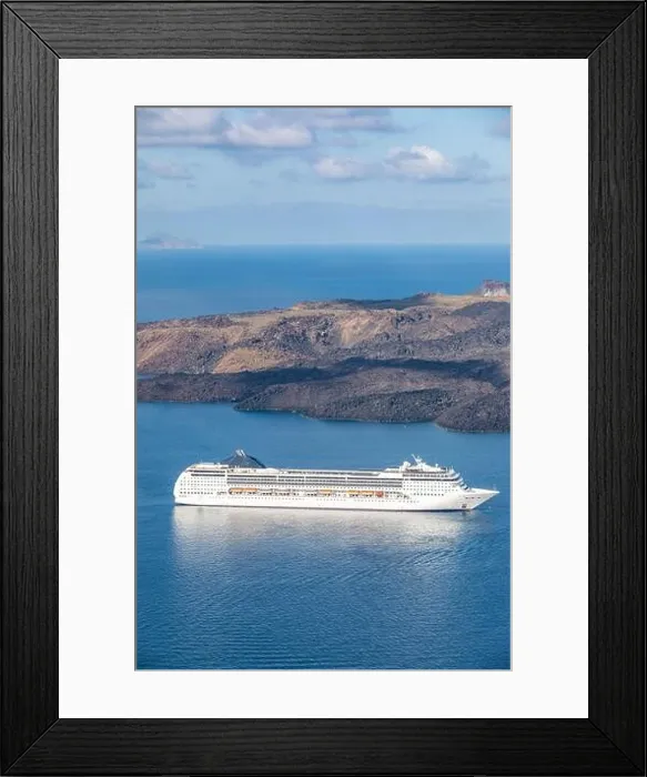 Framed Print : Amazing seascape view of caldera in Santorini, Greece with cruise ships, island coast. Cruise ships in sea bay shore Framed Print : Amazing seascape view of caldera in Santorini, Greece with cruise ships, island coast. Cruise ships in sea bay shore