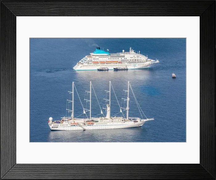 Framed Print : Amazing seascape view of caldera in Santorini, Greece with cruise ships, island coast. Cruise ships in sea bay shore Framed Print : Amazing seascape view of caldera in Santorini, Greece with cruise ships, island coast. Cruise ships in sea bay shore