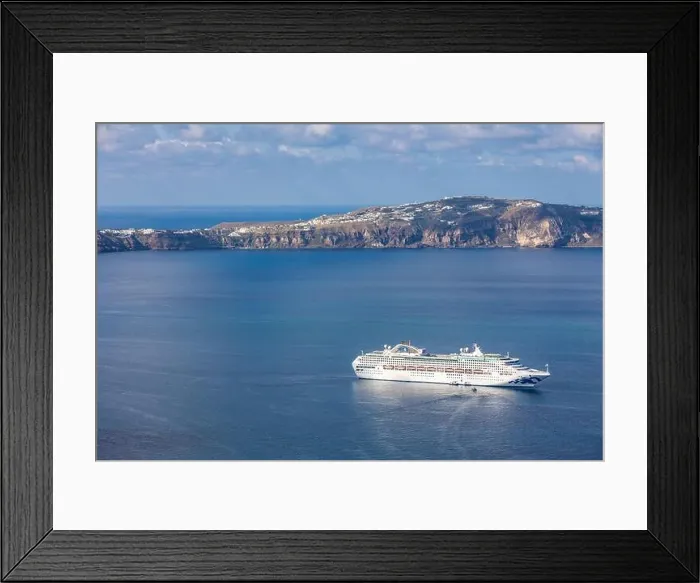 Framed Print : Amazing seascape view of caldera in Santorini, Greece with cruise ships, island coast. Cruise ships in sea bay shore Framed Print : Amazing seascape view of caldera in Santorini, Greece with cruise ships, island coast. Cruise ships in sea bay shore
