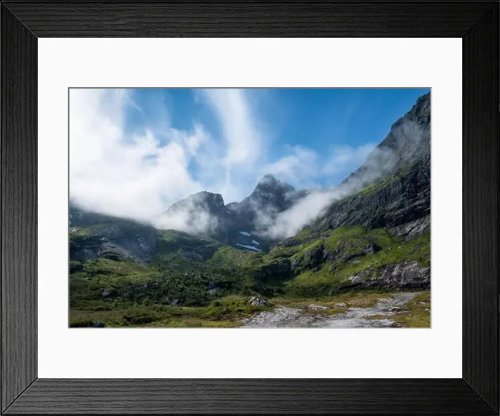 Framed Print : Scenic view from mountain peak at bright summer day in Lofoten, Norway Framed Print : Scenic view from mountain peak at bright summer day in Lofoten, Norway