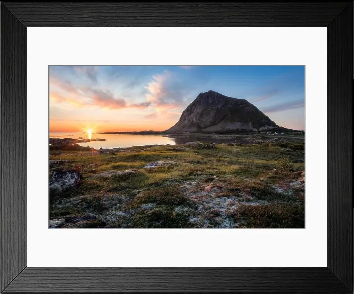 Framed Print : Scenic view with sunset and mountain at summer night in Lofoten, Norway Framed Print : Scenic view with sunset and mountain at summer night in Lofoten, Norway