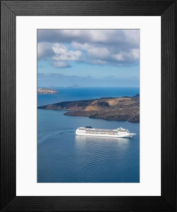 Framed Print : Cruise ships in Thira on Santorini island, Greece. Beautiful landscape with sea view. Cruise ships at the sea near the islands. Santorini island Framed Print : Cruise ships in Thira on Santorini island, Greece. Beautiful landscape with sea view. Cruise ships at the sea near the islands. Santorini island