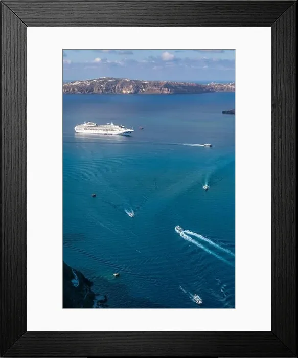 Framed Print : Cruise ships in Thira on Santorini island, Greece. Beautiful landscape with sea view. Cruise ships at the sea near the islands. Santorini island Framed Print : Cruise ships in Thira on Santorini island, Greece. Beautiful landscape with sea view. Cruise ships at the sea near the islands. Santorini island