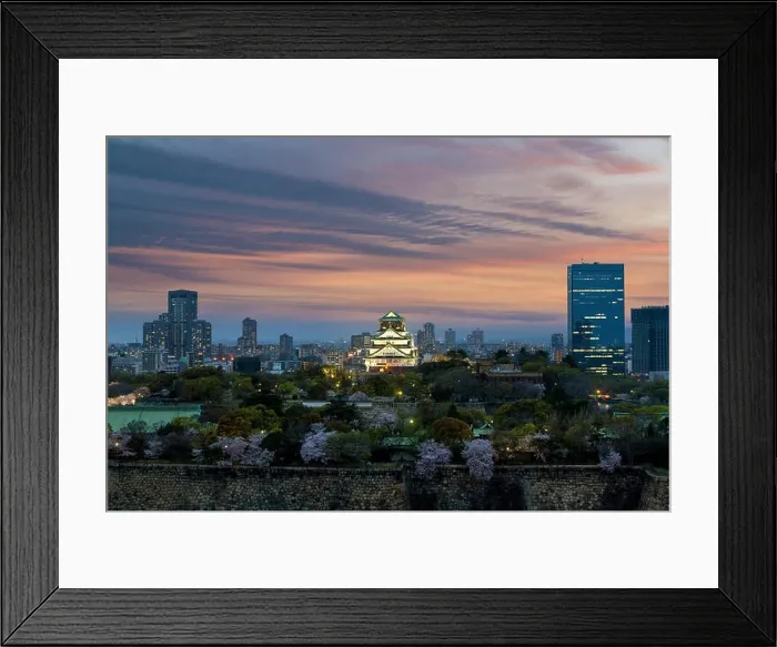 Framed Print : Osaka castle with cherry blossom and center business district in background at Osaka, Japan. Japan spring beautiful scene Framed Print : Osaka castle with cherry blossom and center business district in background at Osaka, Japan. Japan spring beautiful scene