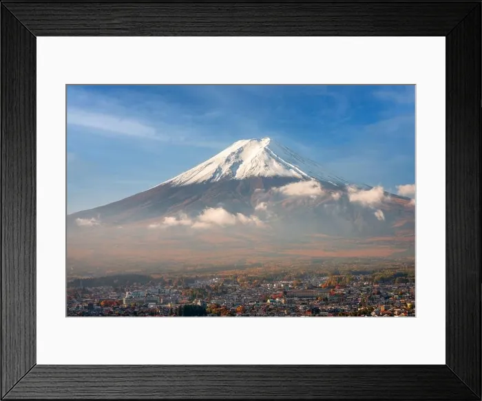 Framed Print : Mt. Fuji towers over Fujiyoshida, Japan in autumn season Framed Print : Mt. Fuji towers over Fujiyoshida, Japan in autumn season