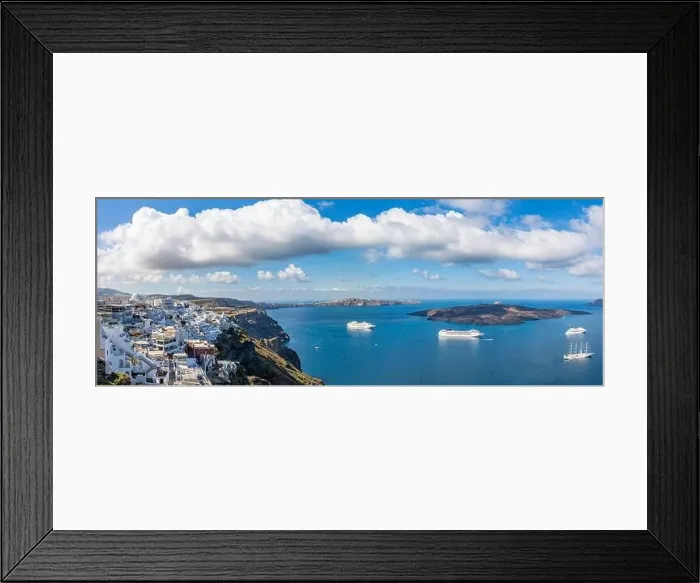 Framed Print : Fira town on Santorini island, Greece. Traditional and famous houses and churches with blue domes over the Caldera, Aegean sea, panorama luxury travel Framed Print : Fira town on Santorini island, Greece. Traditional and famous houses and churches with blue domes over the Caldera, Aegean sea, panorama luxury travel