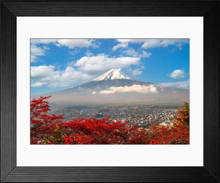 Framed Print : Fujiyoshida, Japan with fall foliage surrounding Mt. Fuji in autumn season