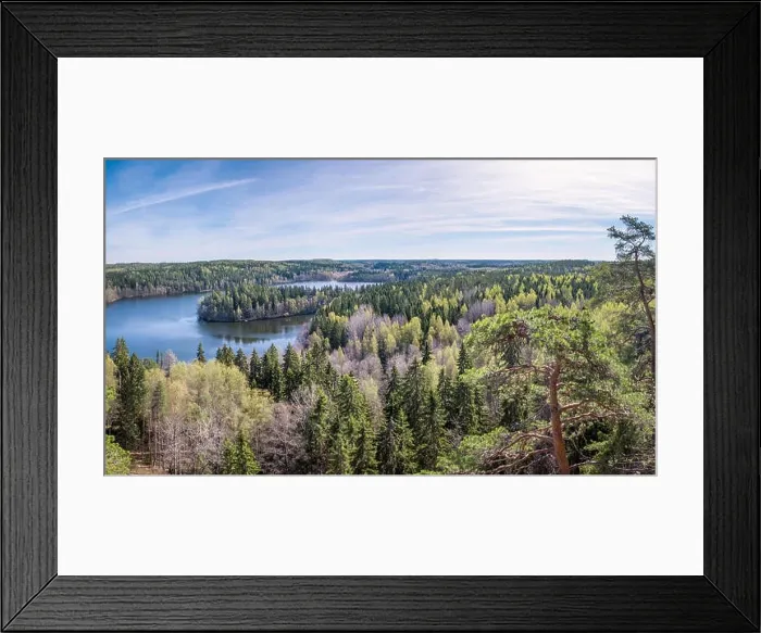 Framed Print : Scenic forest landscape with lake and trees at bright sunny spring day in Finland Framed Print : Scenic forest landscape with lake and trees at bright sunny spring day in Finland
